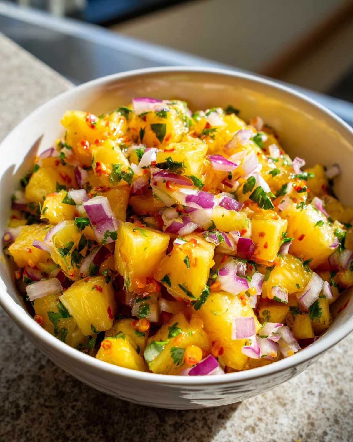 Close-up of vibrant Pineapple Habanero Salsa featuring diced pineapple, red onion, and cilantro in a white bowl.