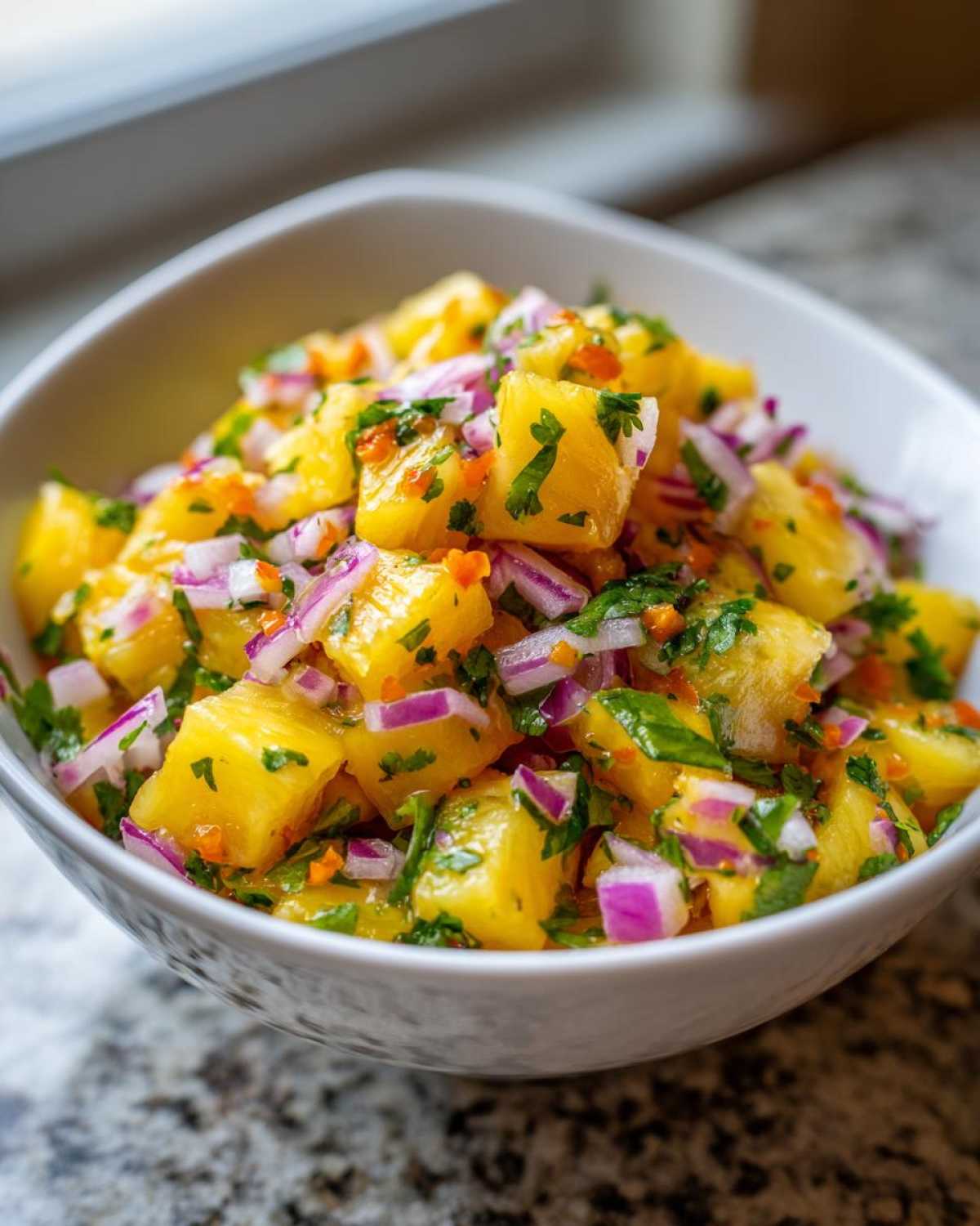 Close-up of vibrant Pineapple Habanero Salsa featuring diced pineapple, red onion, and cilantro in a white bowl.