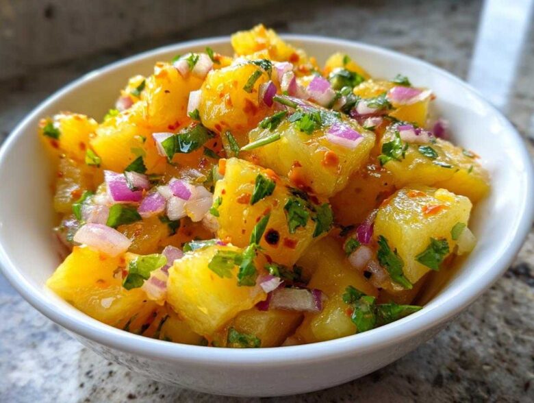 Close-up of vibrant Pineapple Habanero Salsa featuring chunks of pineapple, red onion, and cilantro in a white bowl.