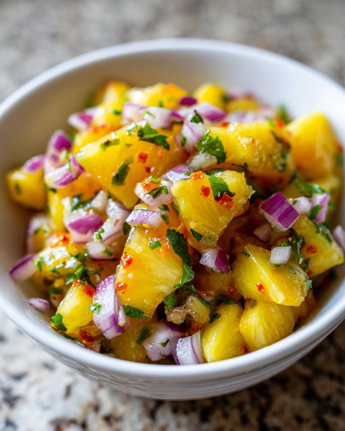 Close-up of vibrant Pineapple Habanero Salsa for Tacos, featuring chunks of pineapple, red onion, and cilantro.