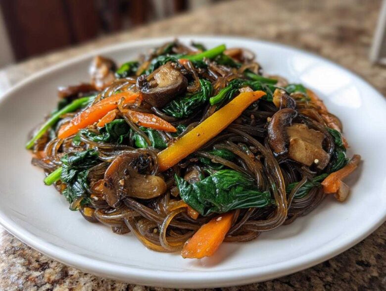 A close-up of a serving of Japchae Sweet Potato Noodles mixed with spinach, carrots, and mushrooms on a white plate.