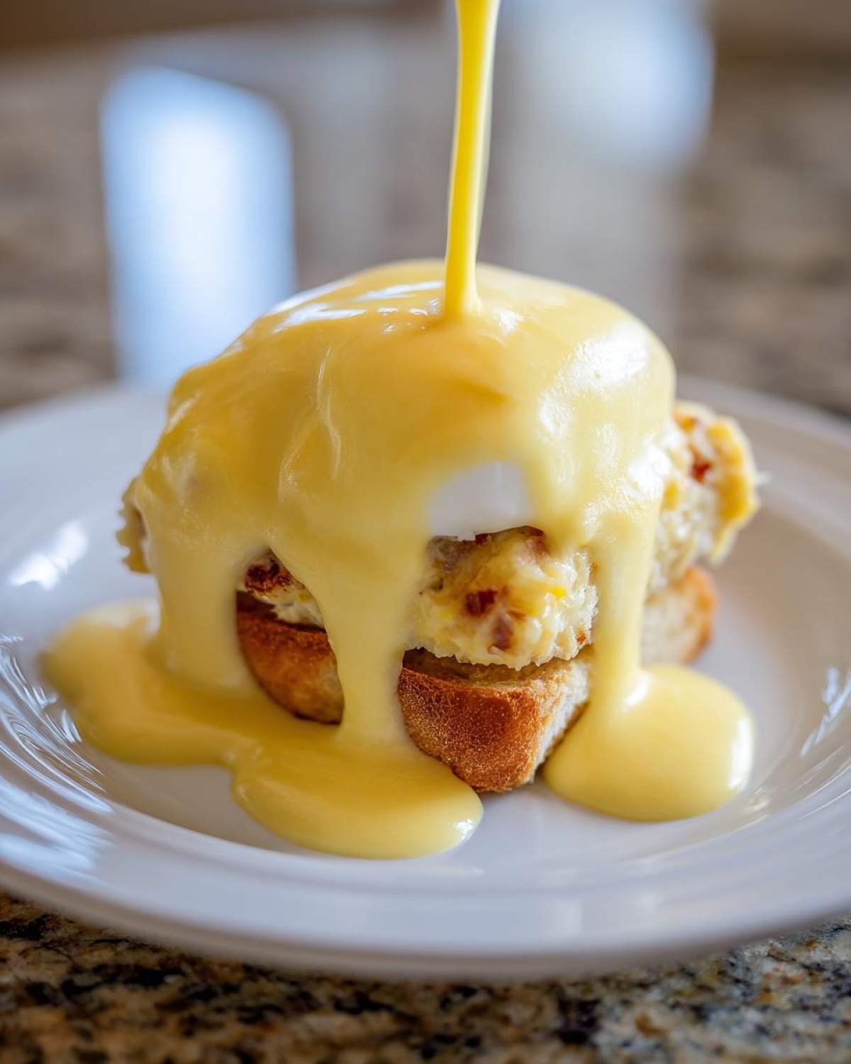 A rich yellow hollandaise sauce is being poured over a Crab Cake Eggs Benedict Bake served on toast.