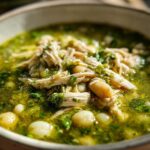Close-up of a hearty bowl of Pozole Verde Chicken Soup featuring shredded chicken, hominy, and a bright green broth.