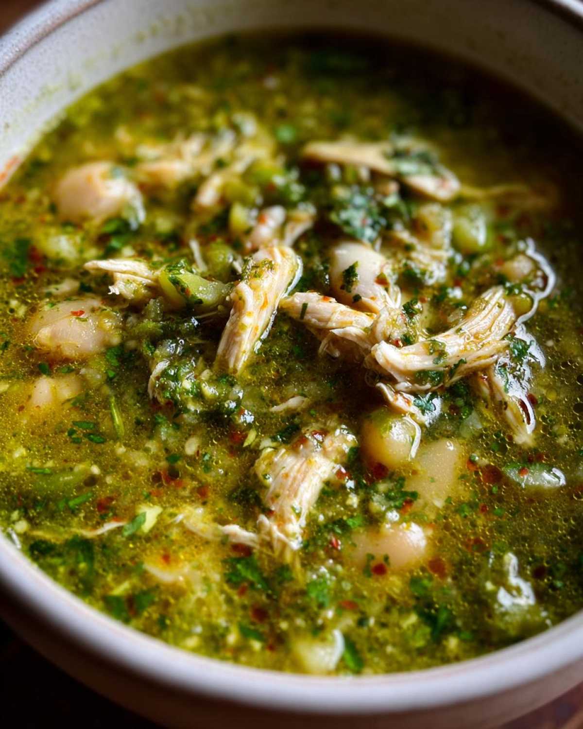 A close-up, appetizing view of a bowl of Pozole Verde Chicken Soup featuring shredded chicken, white hominy, and a vibrant green broth.