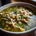 A close-up, appetizing view of a bowl of Pozole Verde Chicken Soup, showing shredded chicken, chickpeas, and green broth.