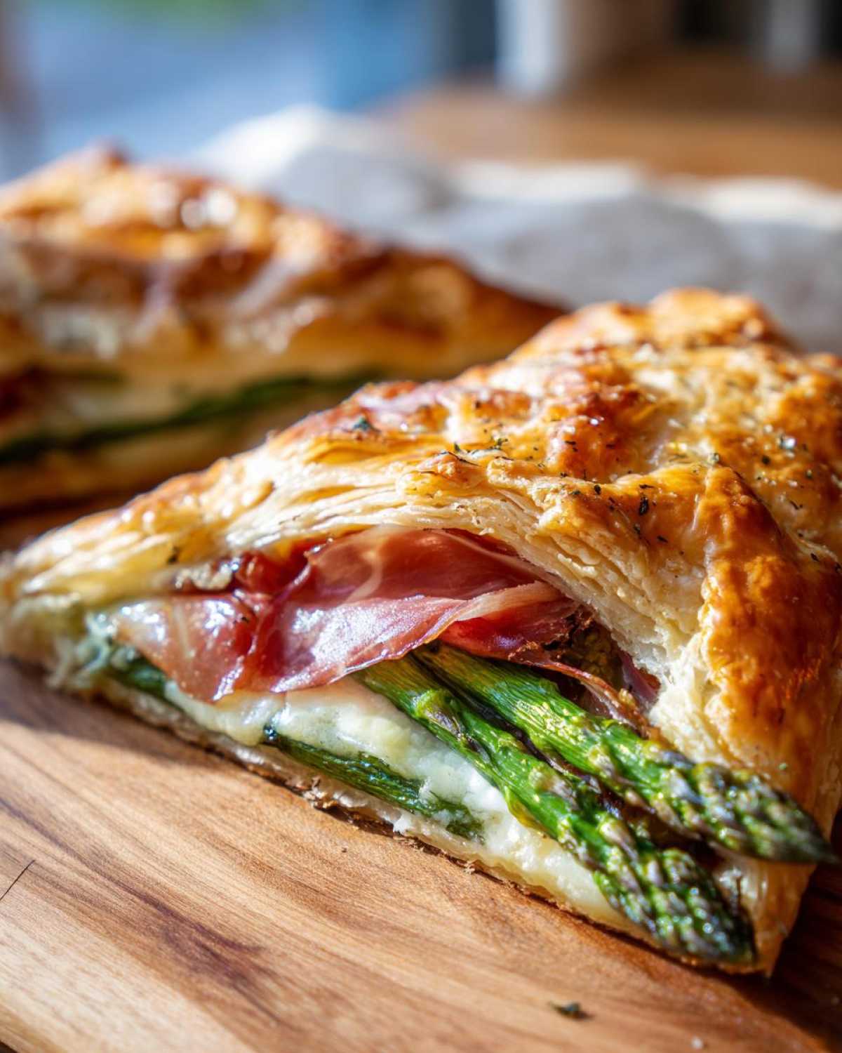 Close-up of a golden, flaky Prosciutto Asparagus Tart slice showing layers of prosciutto, melted cheese, and bright green asparagus.