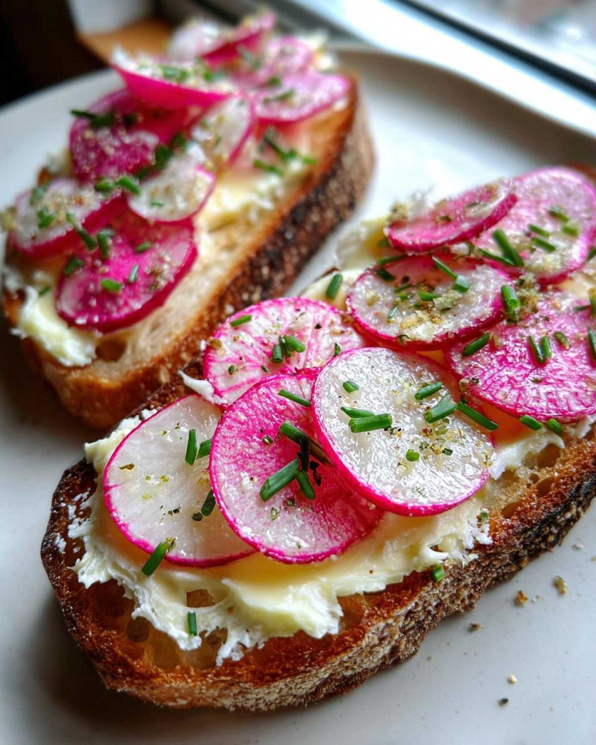 Two slices of toasted bread topped with butter, thinly sliced watermelon radishes, chives, and flaky salt, ready for Radish Butter Tartines.
