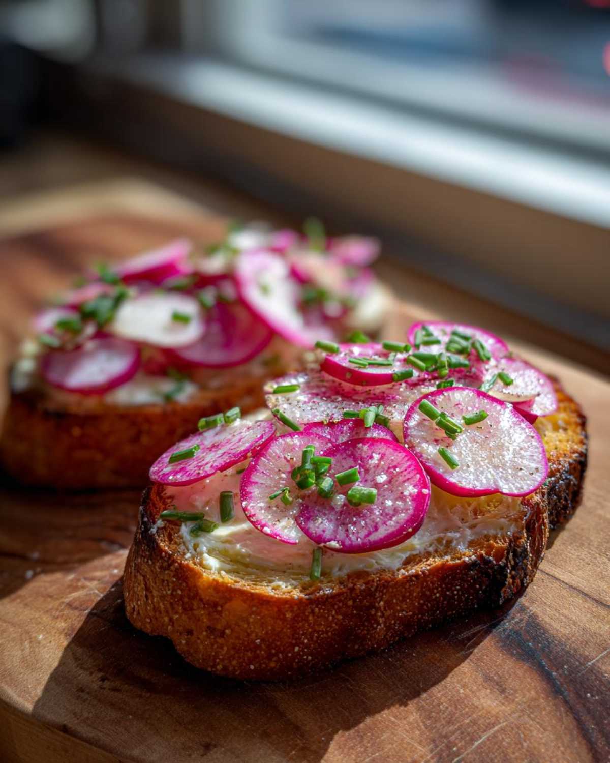 Two slices of Radish Butter Tartines with Flaky Salt on toasted bread, topped with thin radish slices and chives.