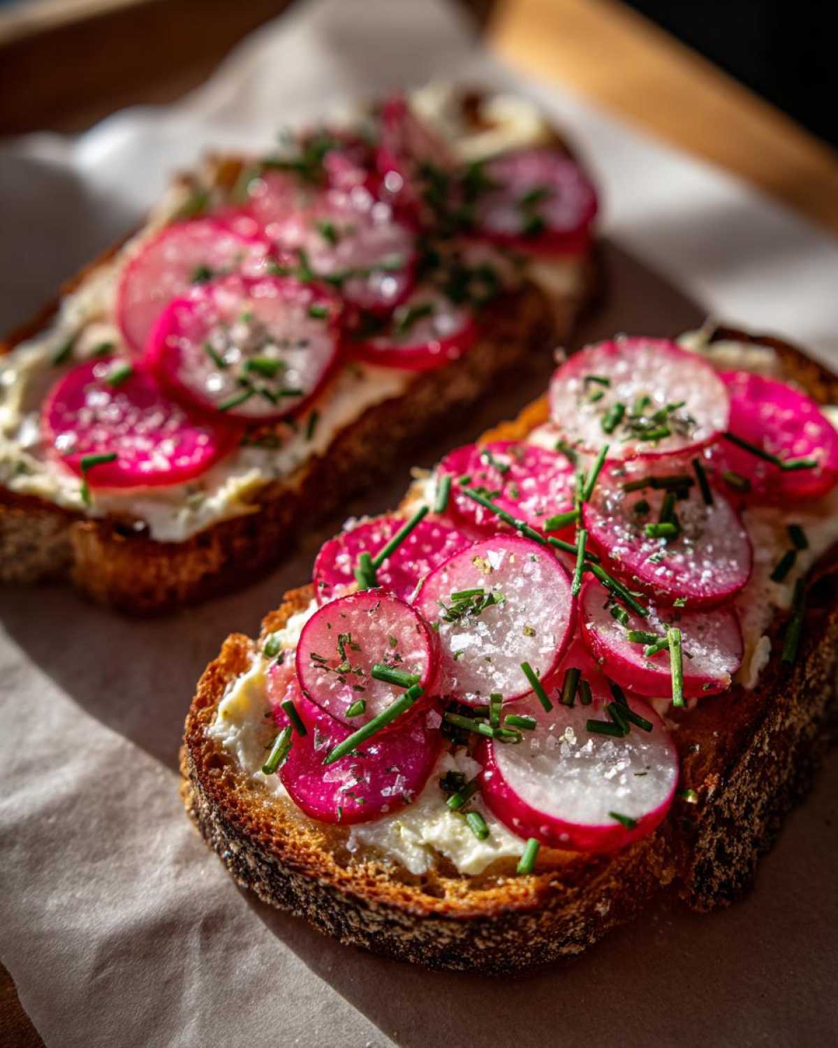 Two slices of toasted bread topped with butter, bright pink radish slices, chives, and flaky salt, making delicious Radish Butter Tartines.