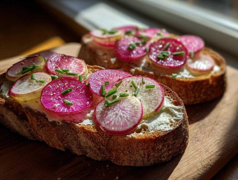 Two slices of toasted bread topped with butter, vibrant pink and white radish slices, chives, and flaky salt, ready for Radish Butter Tartines.