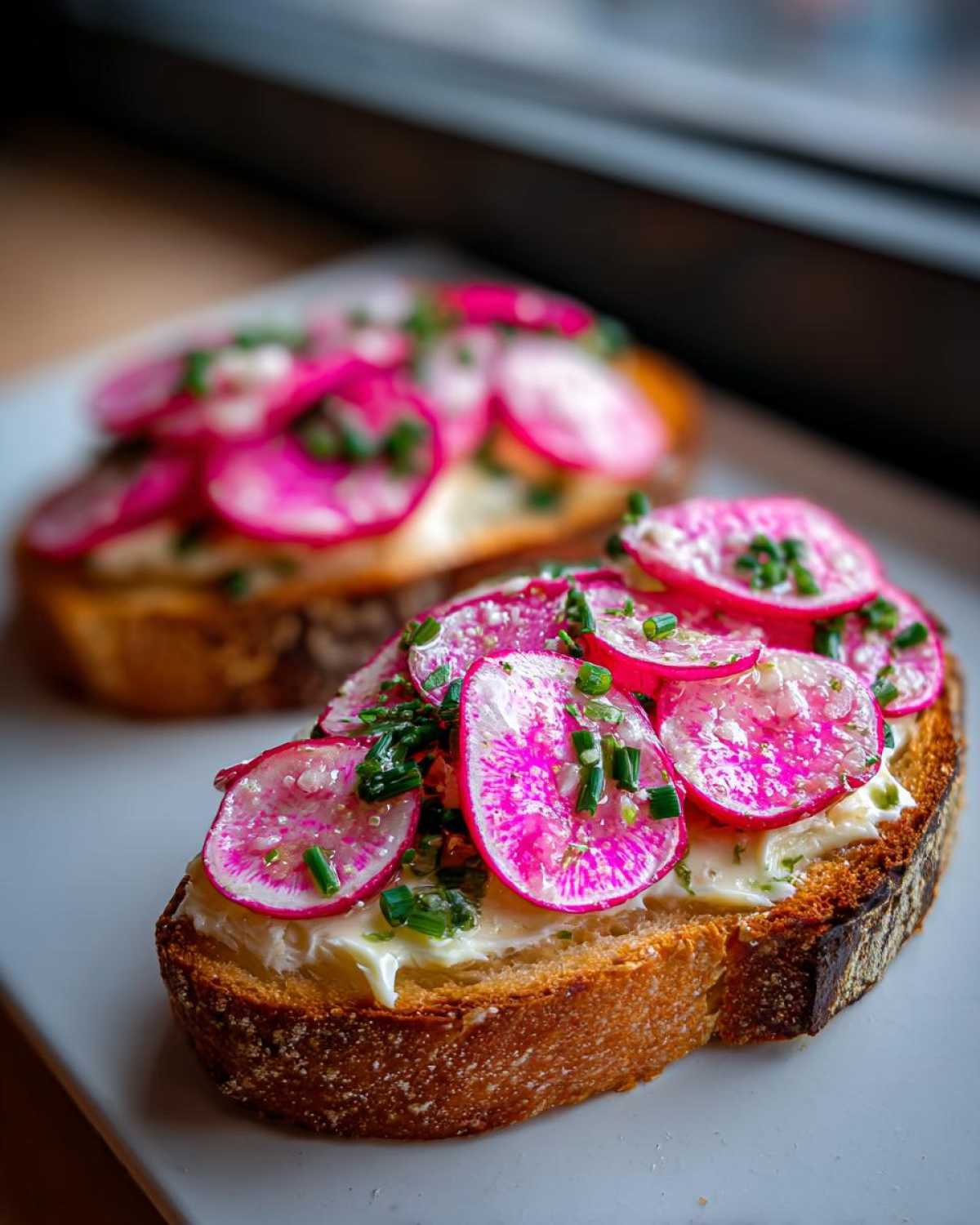 Two slices of toasted bread topped with creamy butter, vibrant pink watermelon radishes, and chopped chives for Radish Butter Tartines.