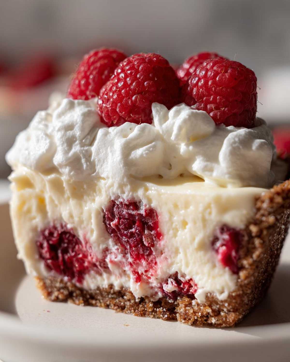 Close-up of a slice of Raspberry Lemonade Icebox Pie showing the graham cracker crust, creamy filling with raspberries, and whipped cream topping.