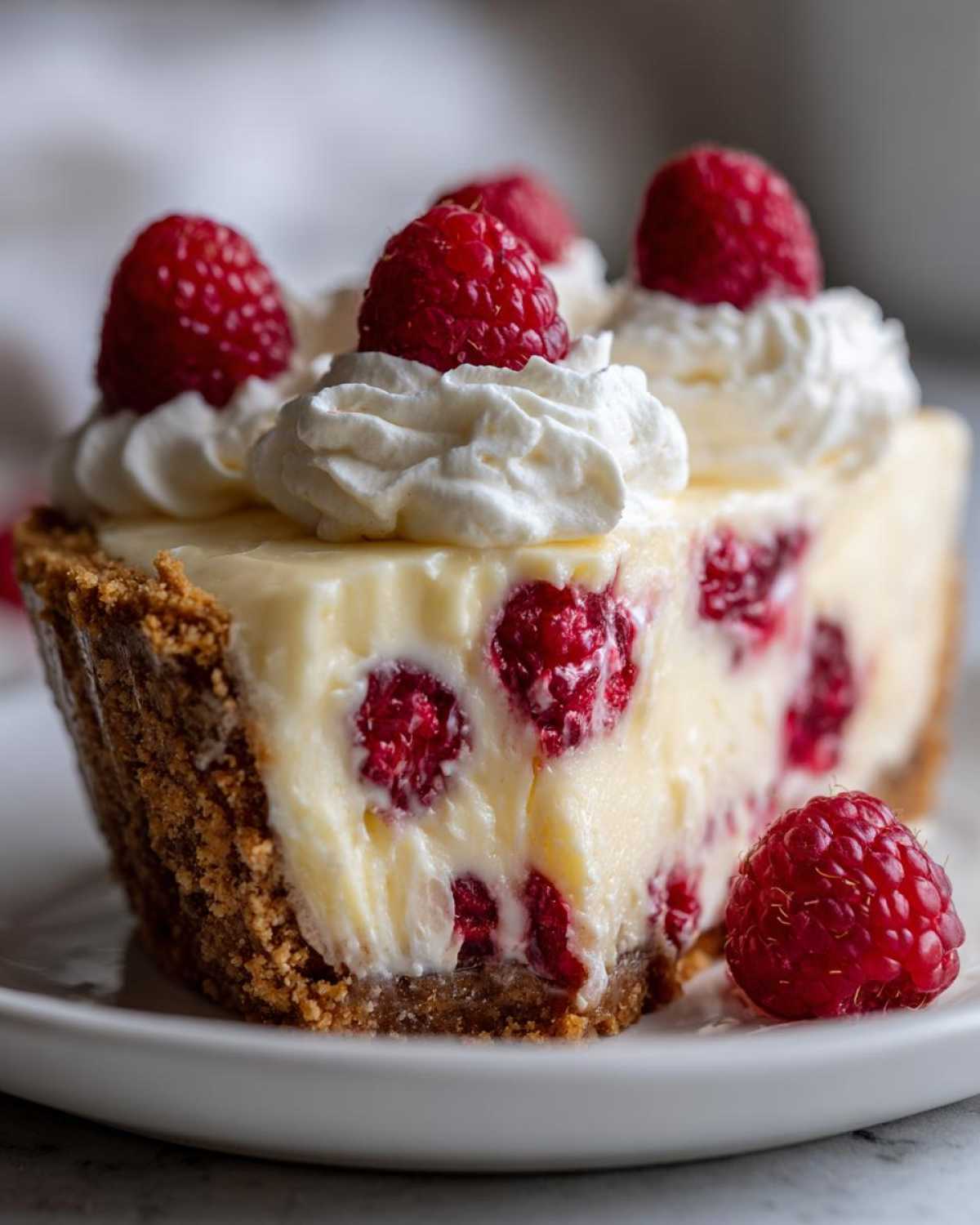 Close-up of a slice of Raspberry Lemonade Icebox Pie showing graham cracker crust, creamy filling with raspberries, and whipped cream topping.