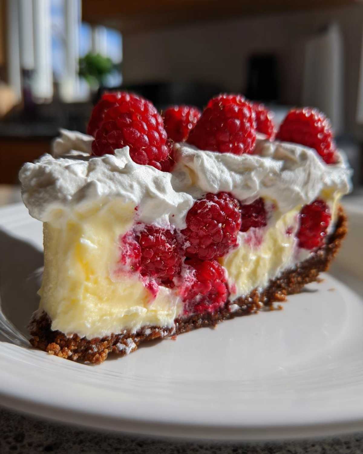 A close-up slice of Raspberry Lemonade Icebox Pie featuring a graham cracker crust, creamy filling, fresh raspberries, and whipped cream topping.