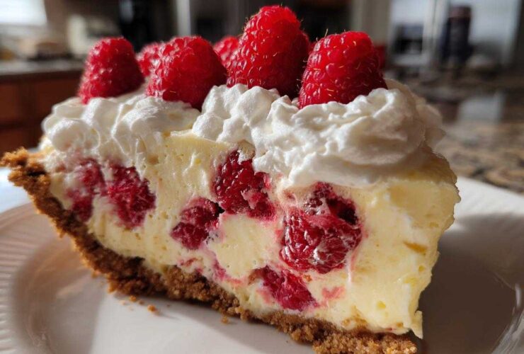 A close-up slice of Raspberry Lemonade Icebox Pie showing the creamy filling, whole raspberries, graham cracker crust, and whipped cream topping.