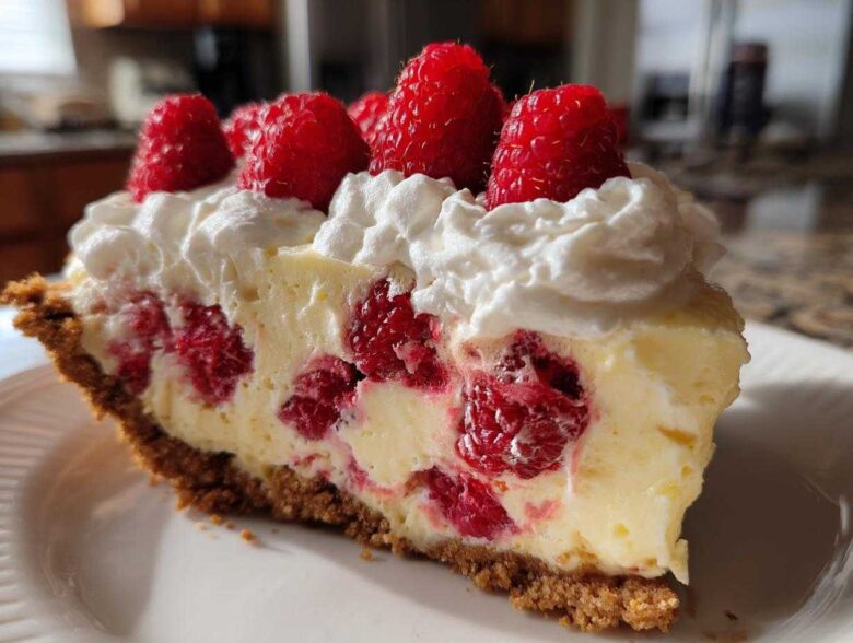 A close-up slice of Raspberry Lemonade Icebox Pie showing the creamy filling, whole raspberries, graham cracker crust, and whipped cream topping.