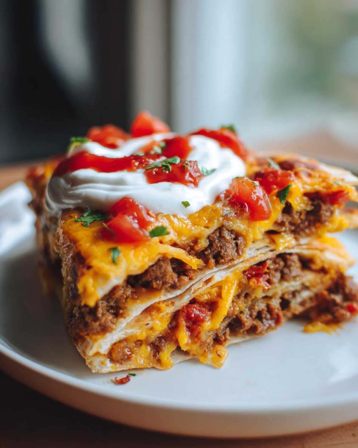 A hearty slice of Refried Bean Crunchwrap Skillet layered with meat, cheese, topped with sour cream, salsa, and cilantro.