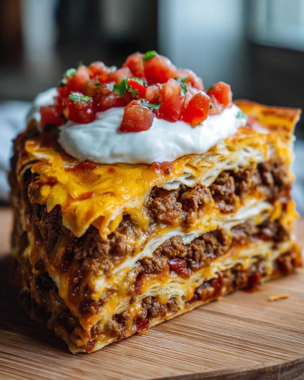 A tall, layered slice of Refried Bean Crunchwrap Skillet topped with melted cheese, sour cream, and pico de gallo.