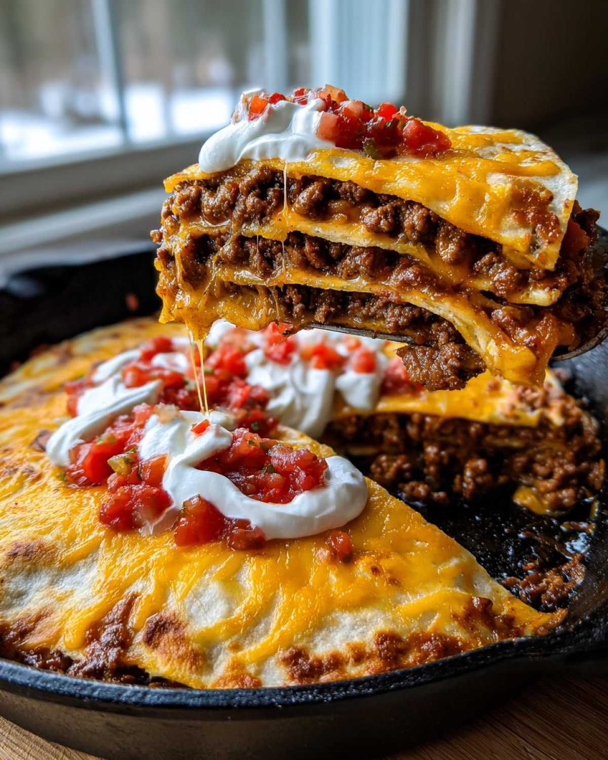 A tall slice of Refried Bean Crunchwrap Skillet being lifted, showing layers of meat, cheese, and topped with sour cream and salsa.