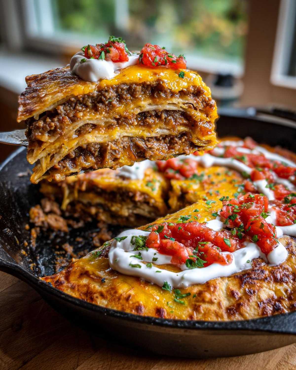 A spatula lifts a layered slice of Refried Bean Crunchwrap Skillet topped with melted cheese, sour cream, and salsa.