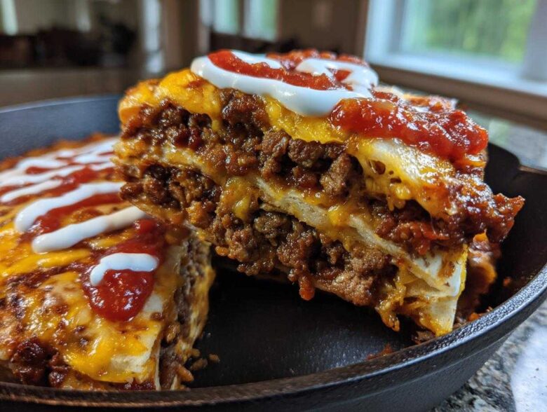 A thick, layered slice lifted from the Refried Bean Crunchwrap Skillet, showing seasoned meat, cheese, and topped with sour cream and salsa.