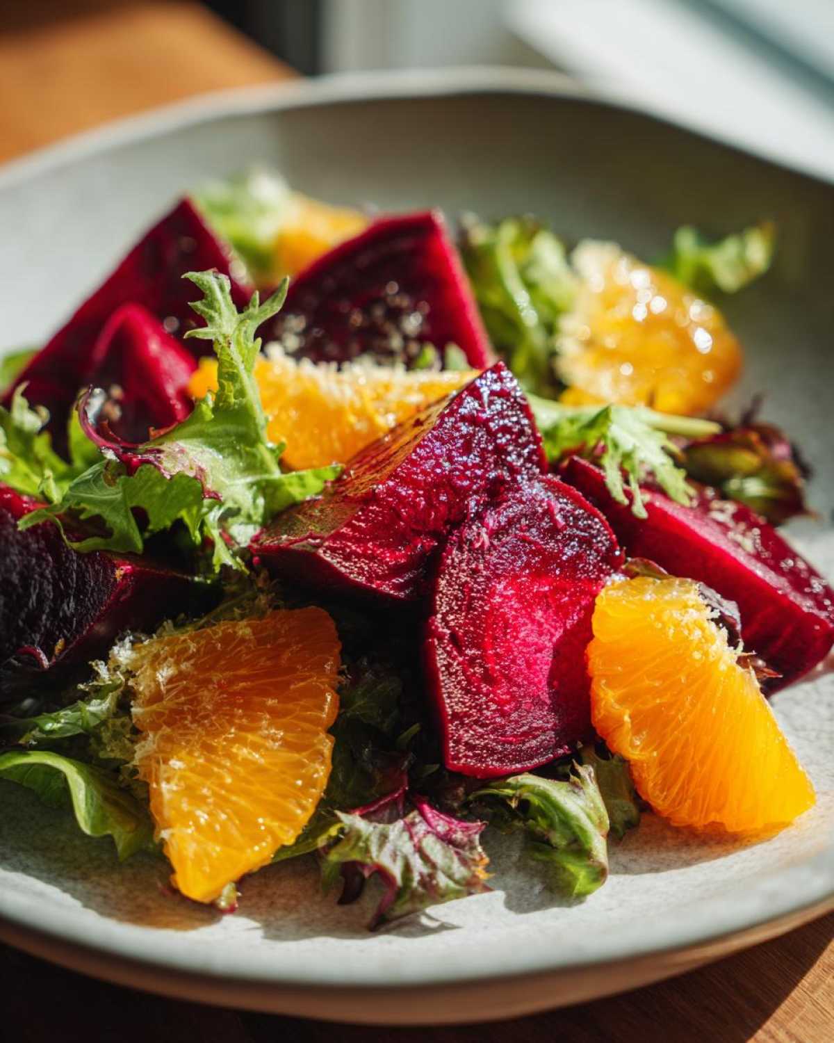 Close-up of a vibrant Roasted Beet Orange Salad featuring deep red beet chunks and bright orange segments over mixed greens.