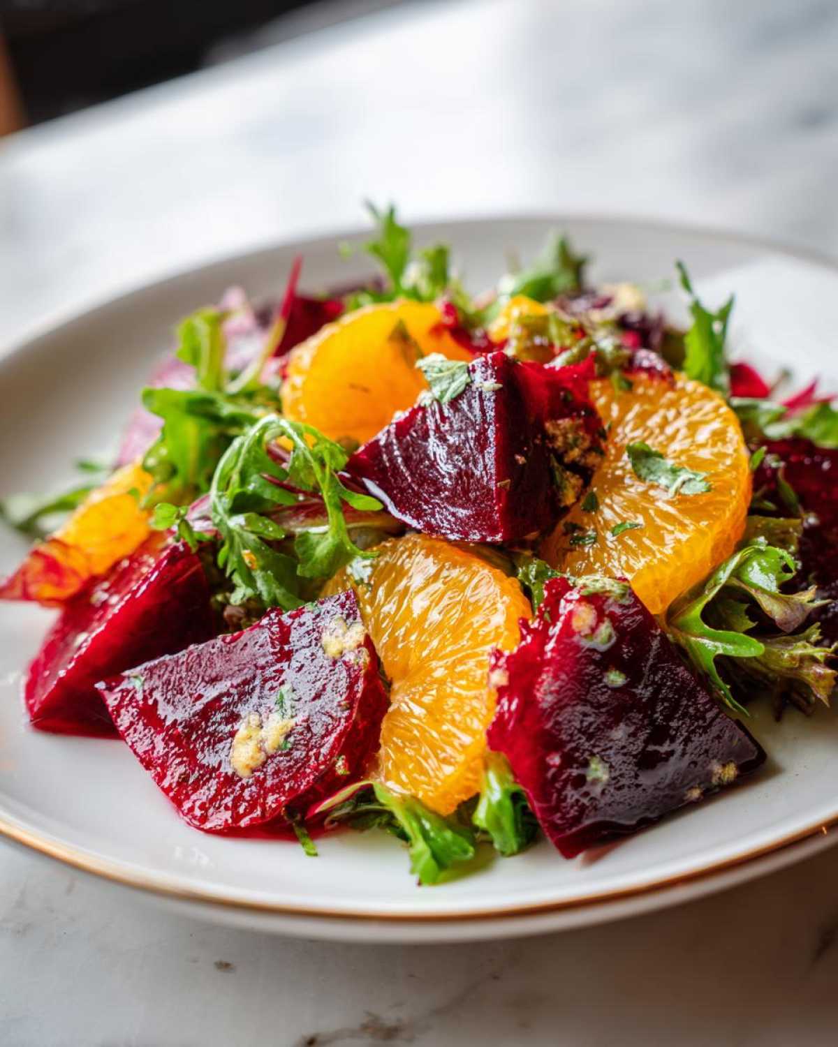 Close-up of a vibrant Roasted Beet Orange Salad featuring deep red beets, bright orange segments, and mixed greens.