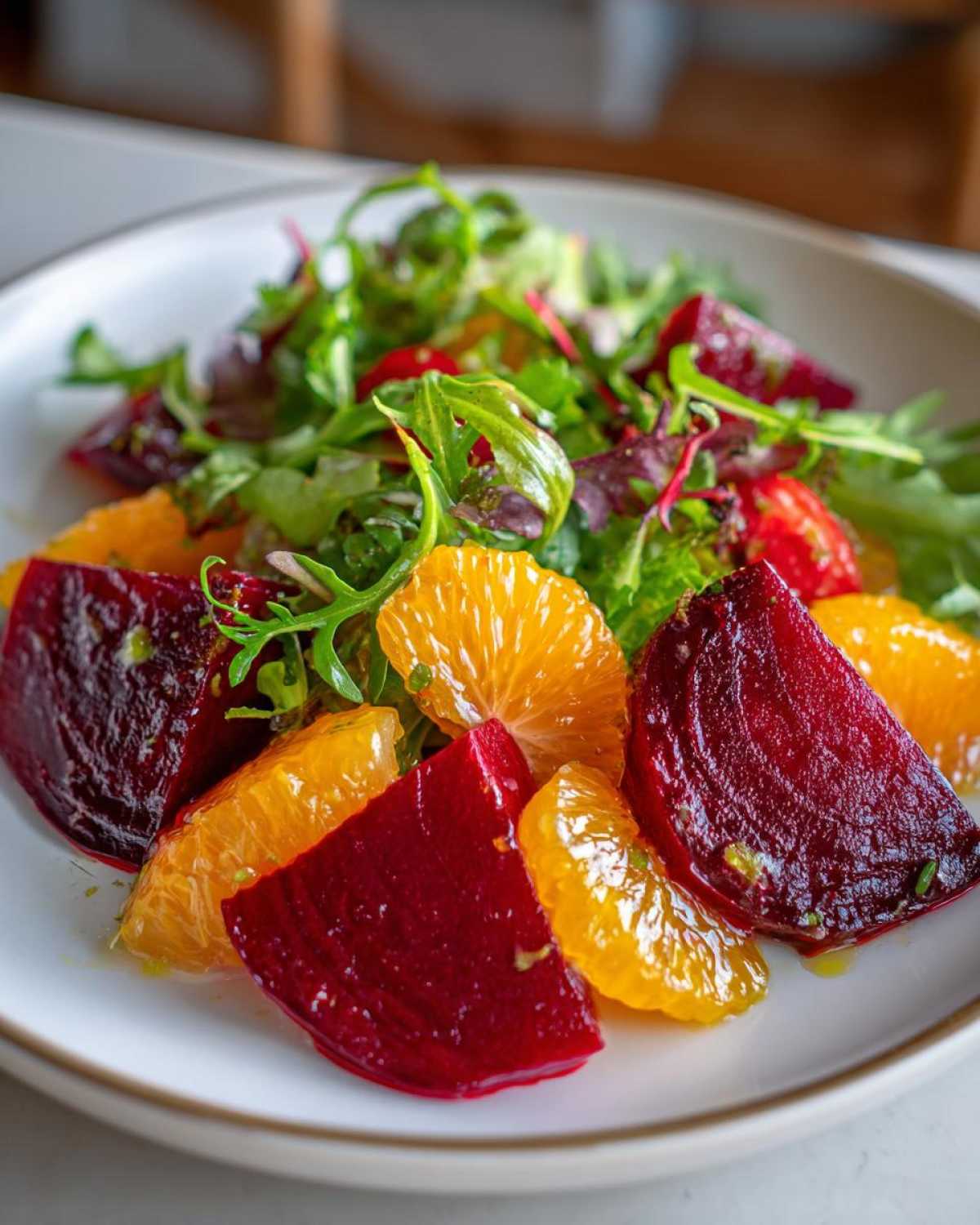 Close-up of a vibrant Roasted Beet Orange Salad featuring deep red beet wedges and bright orange segments mixed with fresh greens.