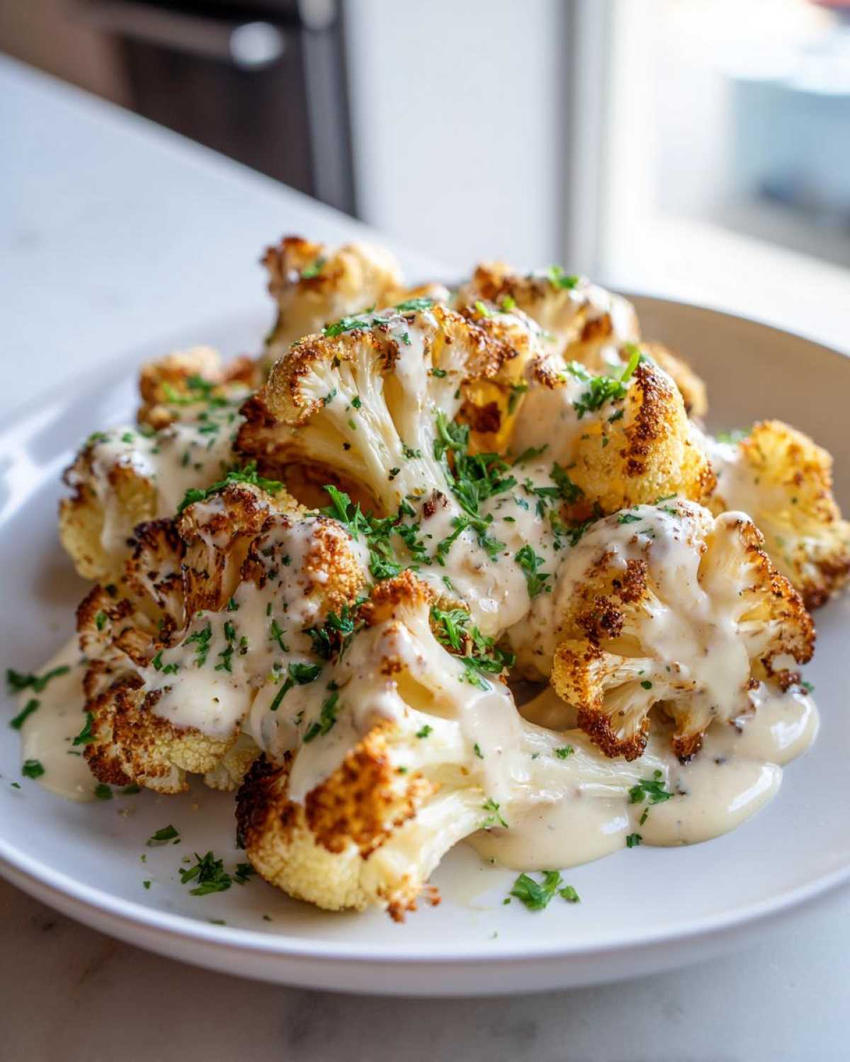 Close-up of perfectly Roasted Cauliflower with Tahini Lemon sauce drizzled over browned florets and topped with fresh parsley.