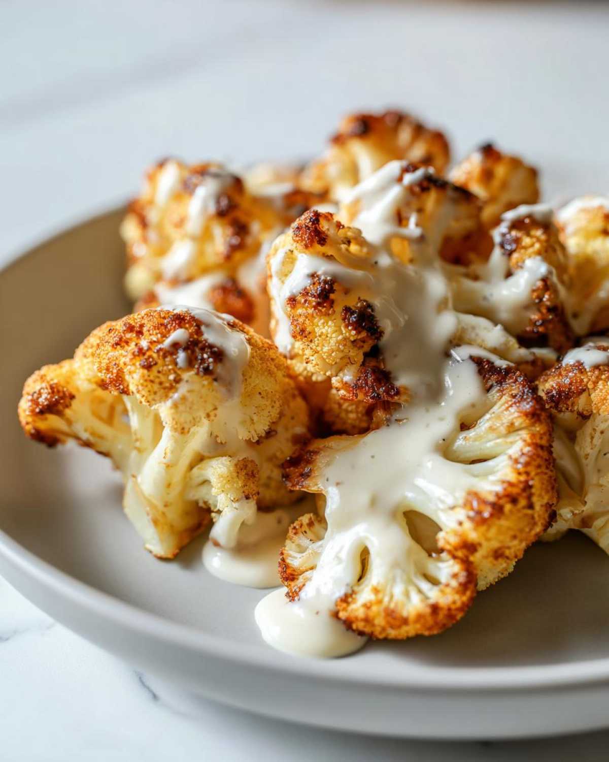 Close-up of perfectly roasted cauliflower florets drizzled generously with creamy tahini lemon sauce.