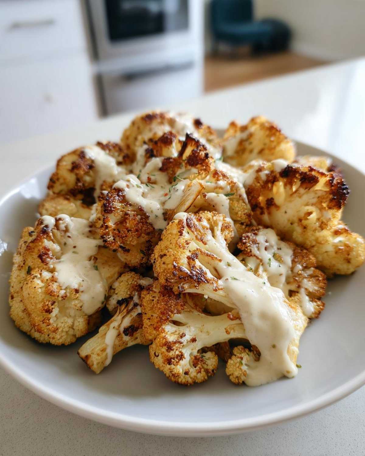 Close-up of perfectly Roasted Cauliflower with Tahini Lemon sauce drizzled over browned florets.