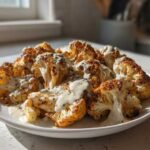 Close-up of perfectly Roasted Cauliflower with Tahini Lemon sauce drizzled over browned florets on a white plate.