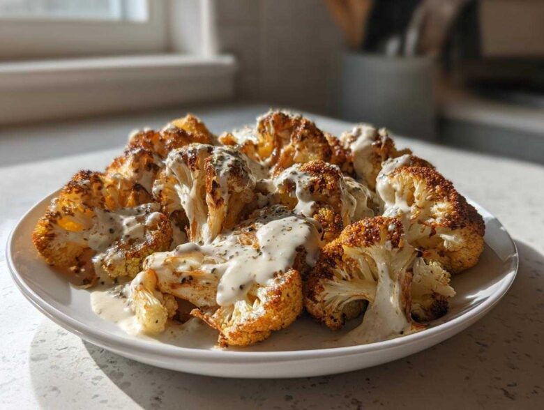 Close-up of perfectly Roasted Cauliflower with Tahini Lemon sauce drizzled over browned florets on a white plate.