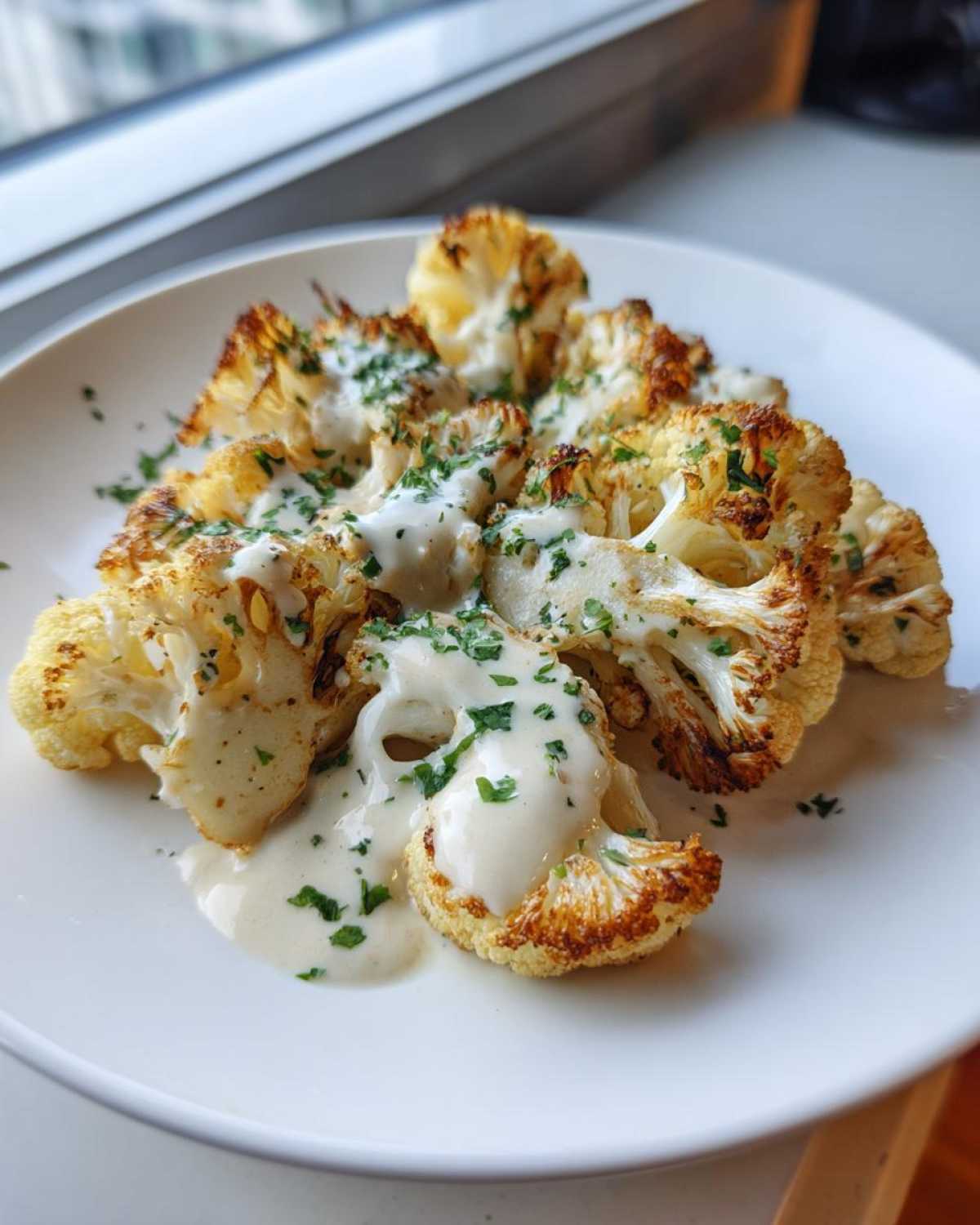 Close-up of perfectly Roasted Cauliflower with Tahini Lemon sauce drizzled over browned florets, garnished with parsley.