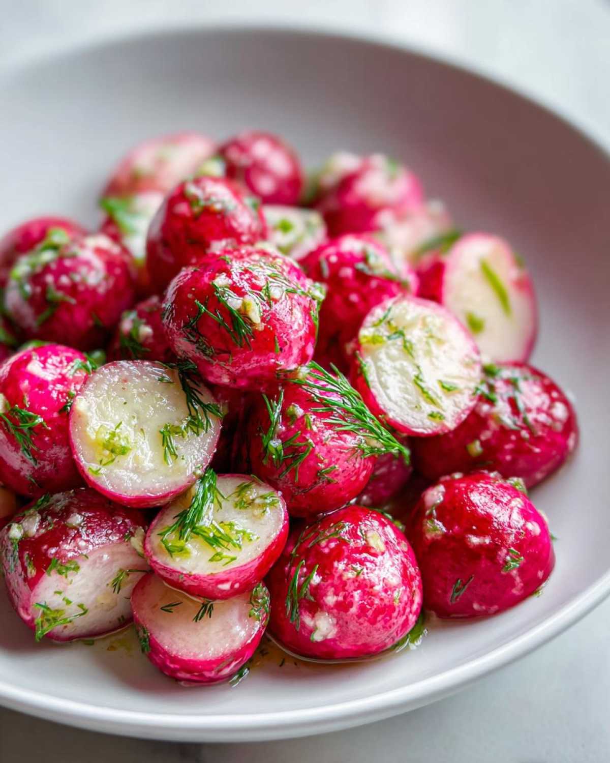 Close-up of vibrant Roasted Radishes with Garlic and Dill, glistening in a white serving bowl.