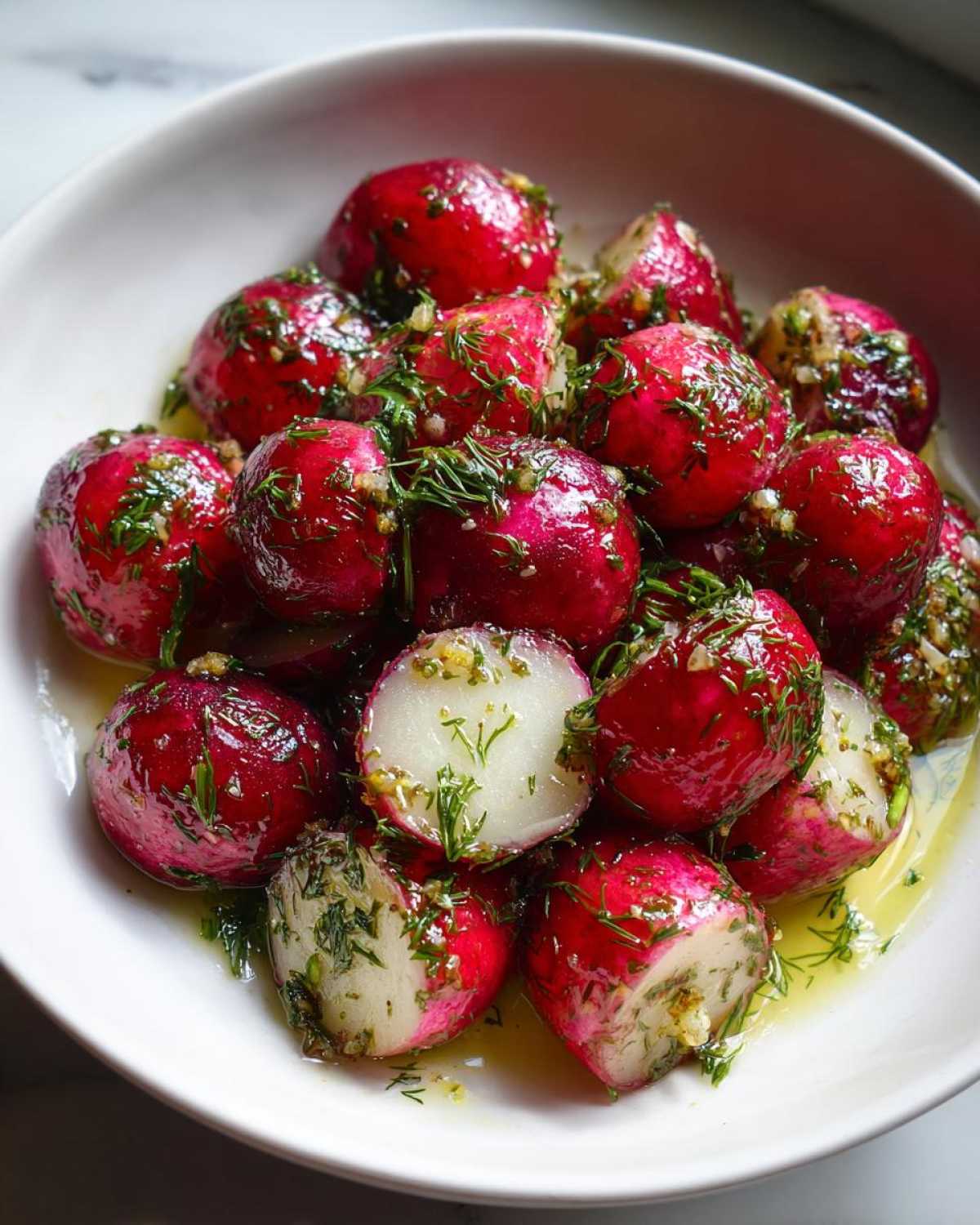Close-up of whole and halved Roasted Radishes with Garlic and Dill, glistening in oil and topped with fresh dill.