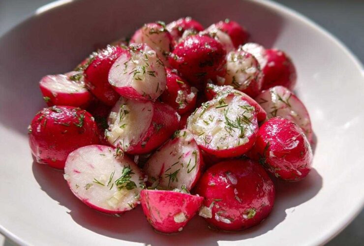 Close-up of bright pink Roasted Radishes with Garlic and Dill, halved and glistening in a white bowl.