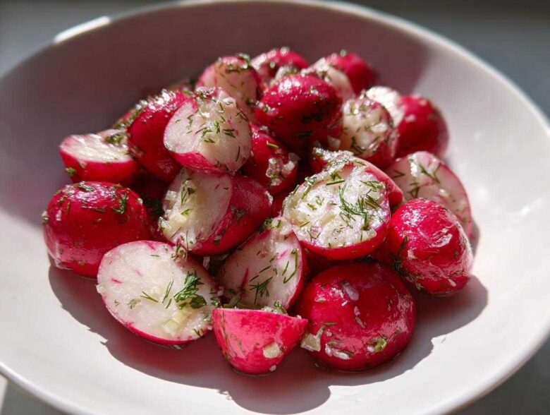 Close-up of bright pink Roasted Radishes with Garlic and Dill, halved and glistening in a white bowl.