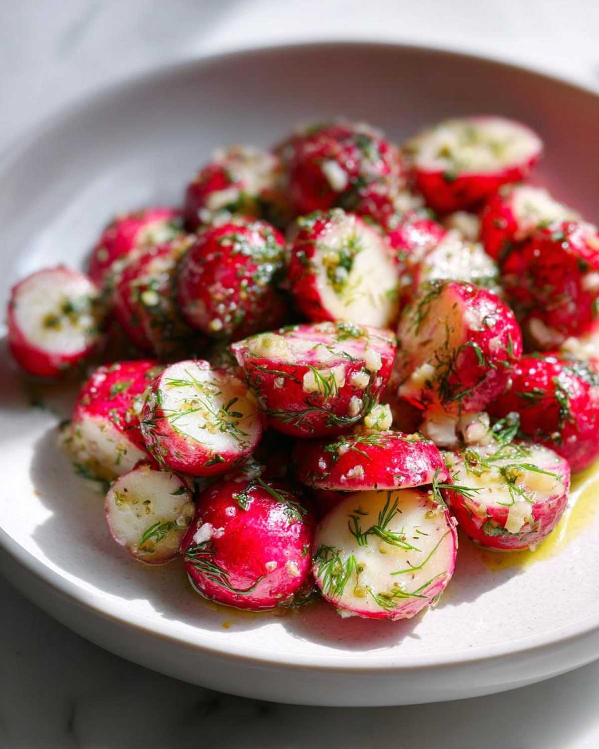 Close-up of halved Roasted Radishes with Garlic and Dill, glistening with oil and fresh herbs.