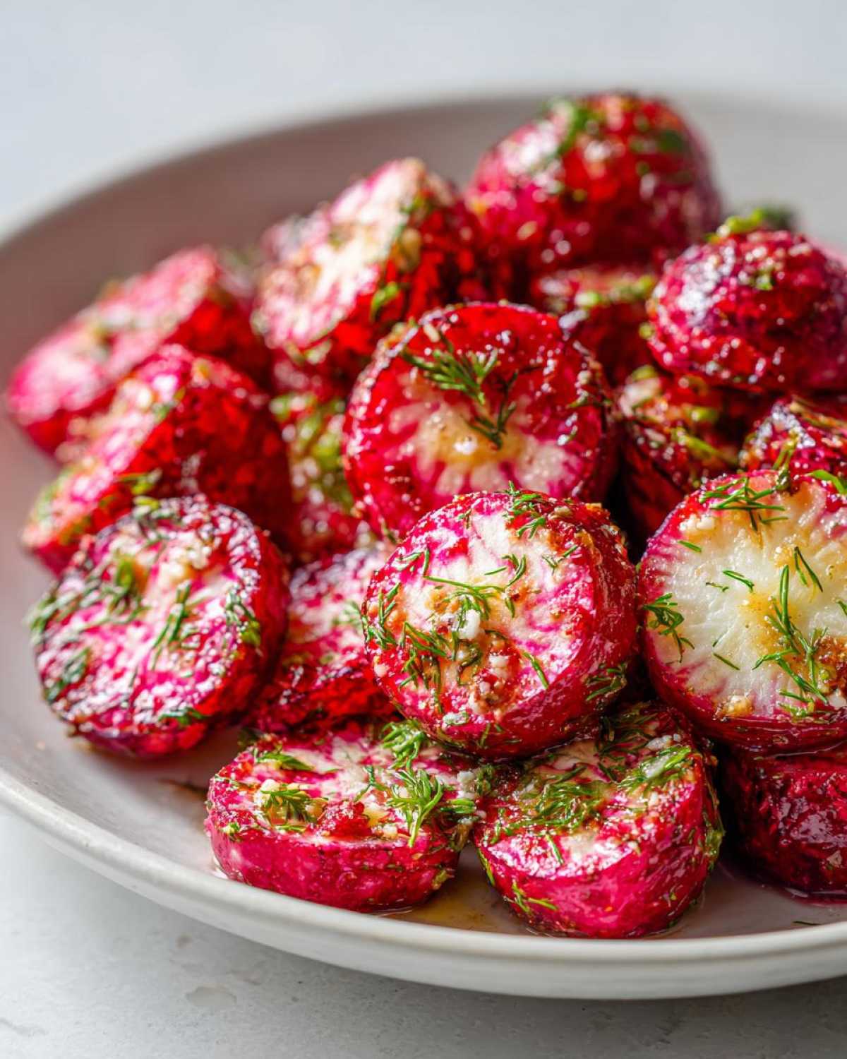 Close-up of halved Roasted Radishes with Garlic and Dill, glistening with oil and topped with fresh dill.