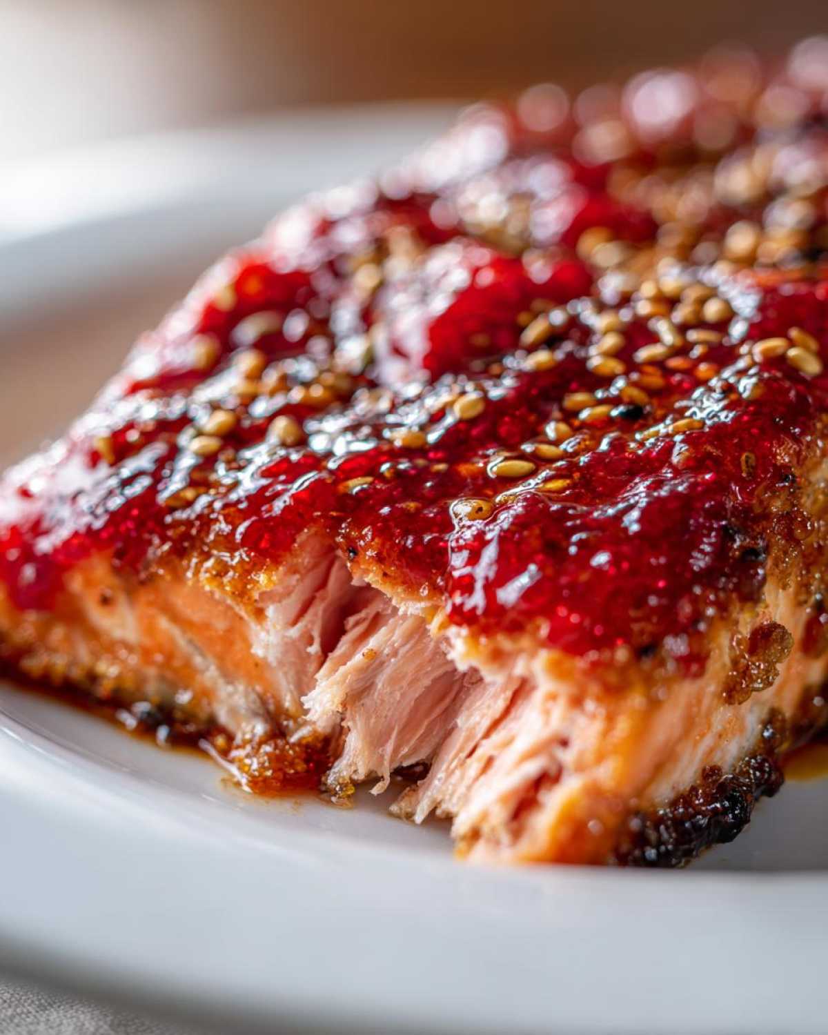 Close-up of flaky cooked salmon topped with a glossy, bright red strawberry glaze and sesame seeds.