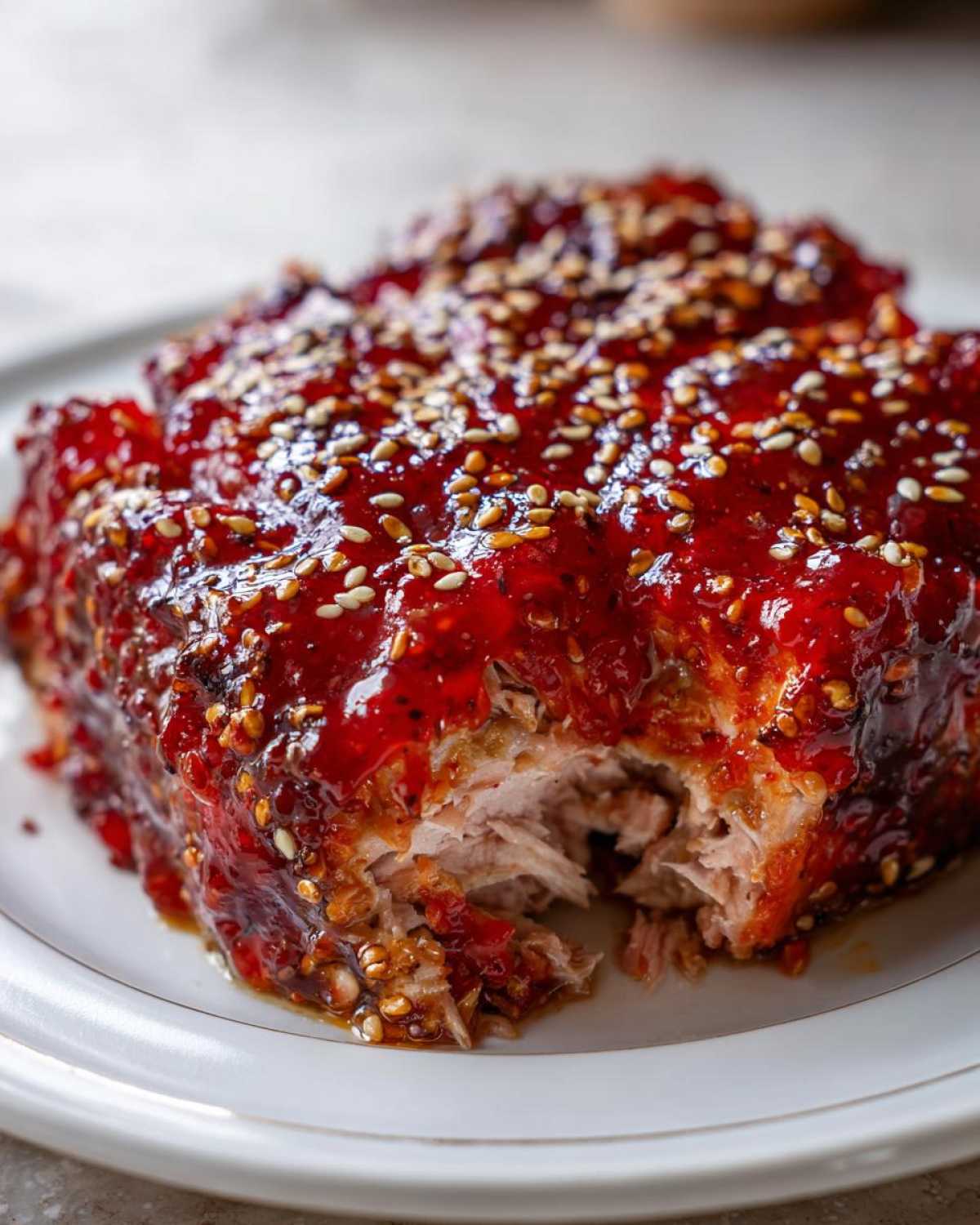 A close-up of flaky cooked salmon covered in a thick, glossy red Sesame Strawberry-Glazed Salmon sauce and topped with sesame seeds.
