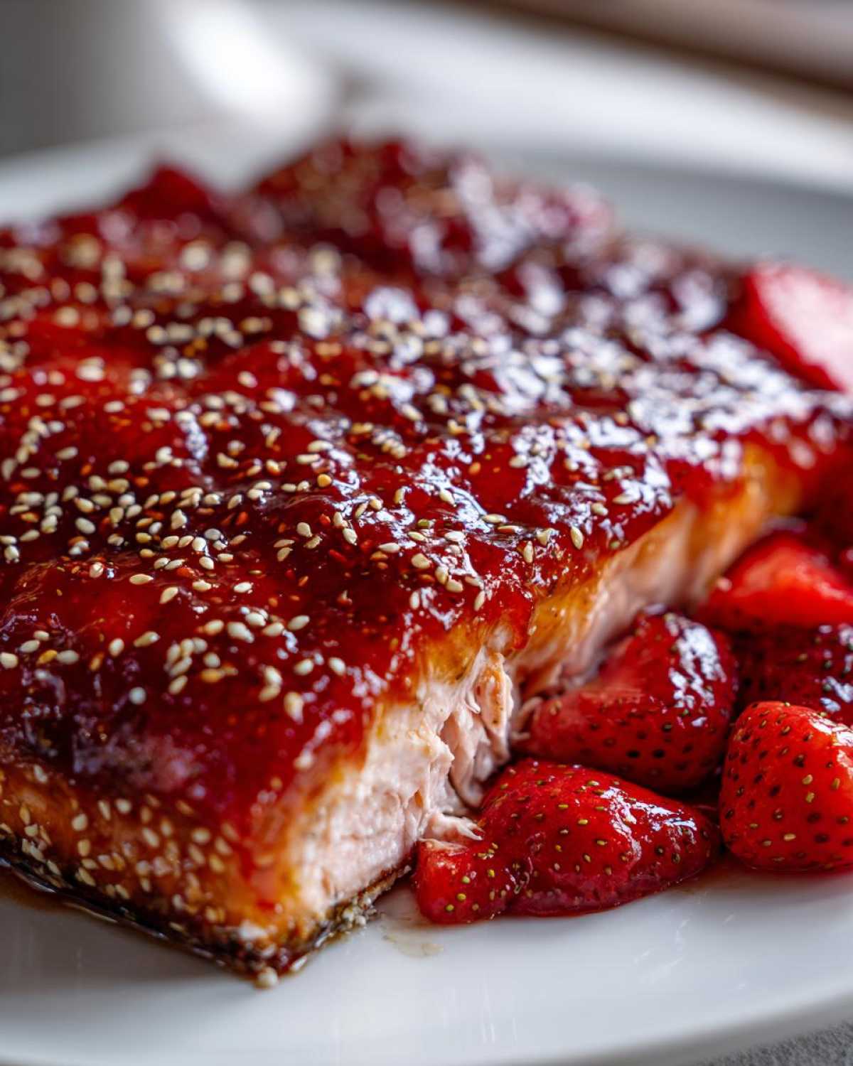 A close-up of a flaky salmon fillet generously topped with a thick, glossy Sesame Strawberry-Glazed Salmon sauce and sesame seeds, served with fresh strawberries.