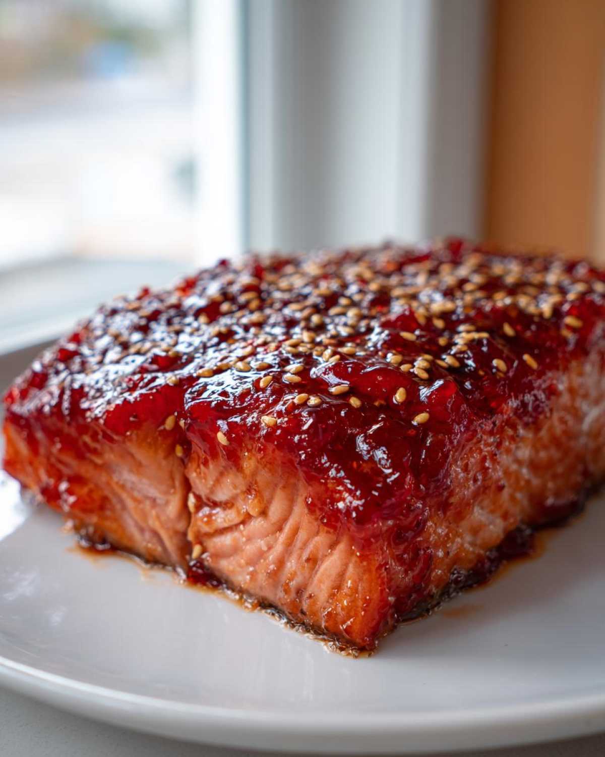 A thick, perfectly cooked fillet of Sesame Strawberry-Glazed Salmon topped with a shiny red glaze and toasted sesame seeds.