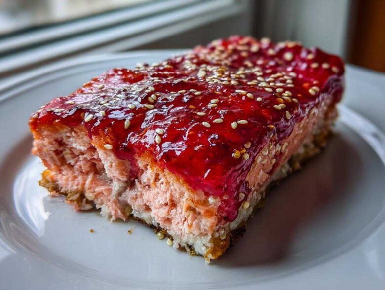 Close-up of a thick slice of cooked salmon topped with bright red strawberry glaze and sesame seeds, part of the Sesame Strawberry-Glazed Salmon recipe.