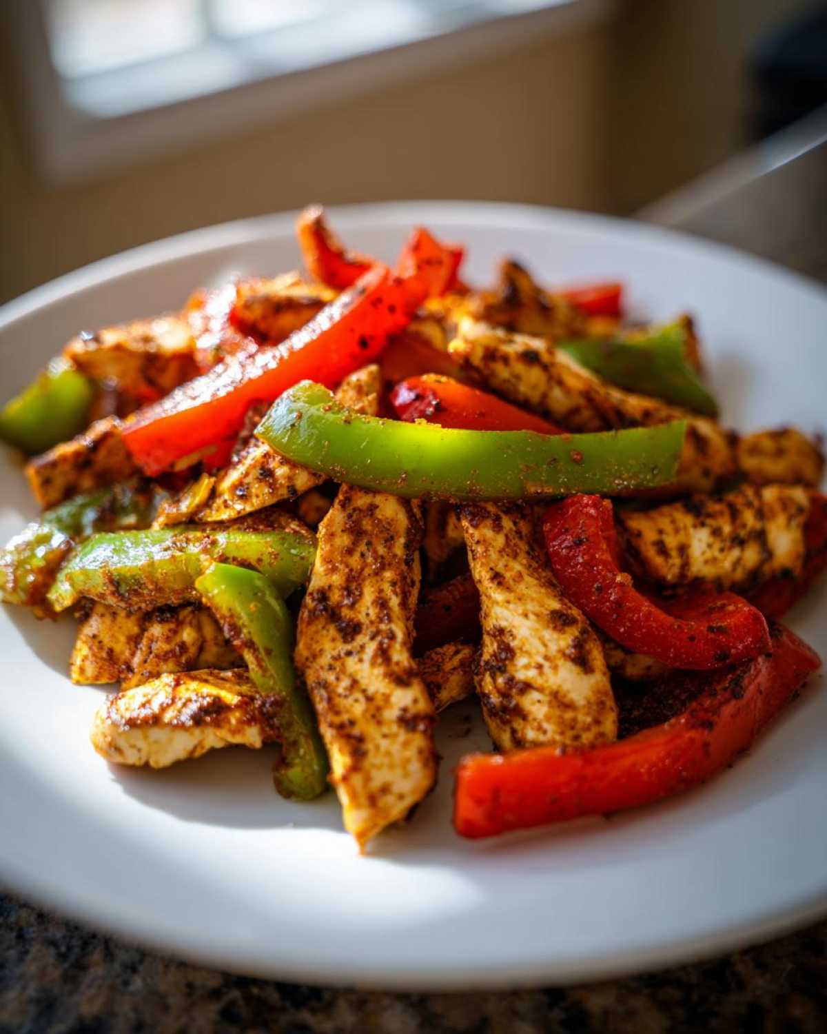 Close-up of seasoned chicken strips mixed with sliced red and green peppers, ready for Sheet-Pan Chicken Fajitas.