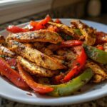 Close-up of seasoned chicken strips and colorful red and green bell peppers from Sheet-Pan Chicken Fajitas.