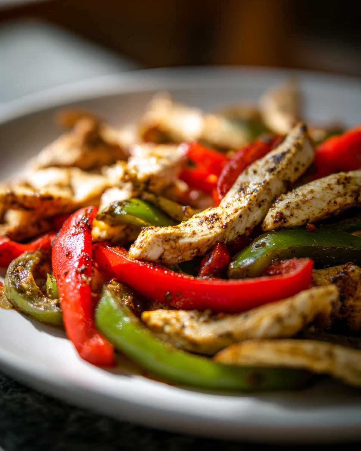 Close-up of seasoned chicken strips mixed with vibrant red and green bell peppers from Sheet-Pan Chicken Fajitas.