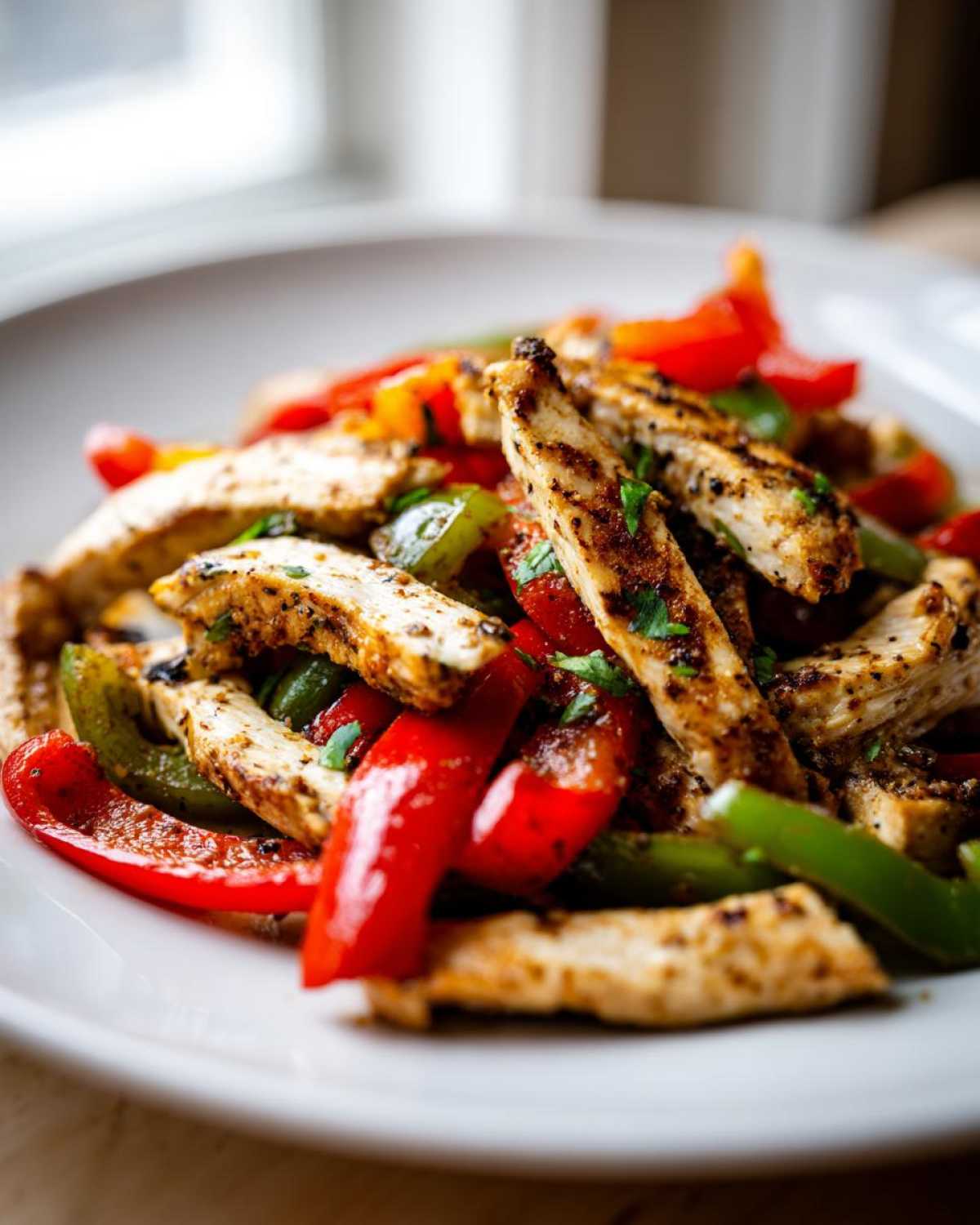 Close-up of seasoned, grilled chicken strips mixed with vibrant red and green bell peppers from Sheet-Pan Chicken Fajitas.