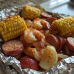 Close-up of cooked shrimp, sausage slices, corn on the cob, and potatoes inside a foil packet for Shrimp Boil Foil Packets.